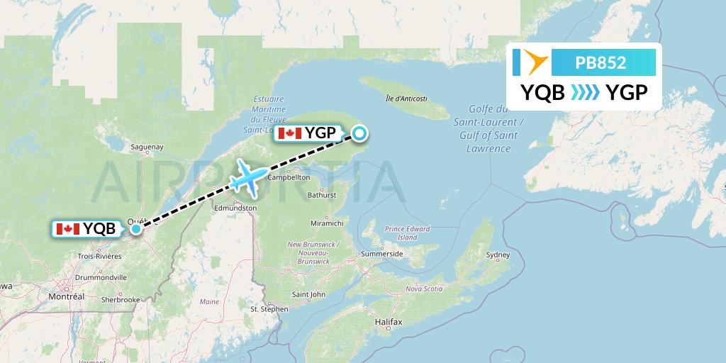PB852 PAL Airlines Flight Map: Quebec to Gaspe