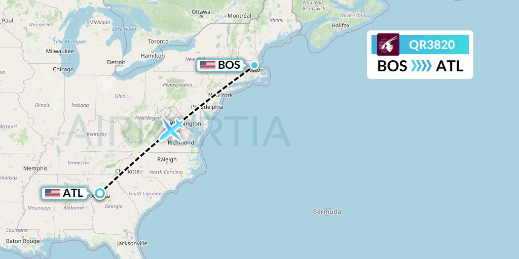 QR3820 Qatar Airways Flight Map: Boston to Atlanta