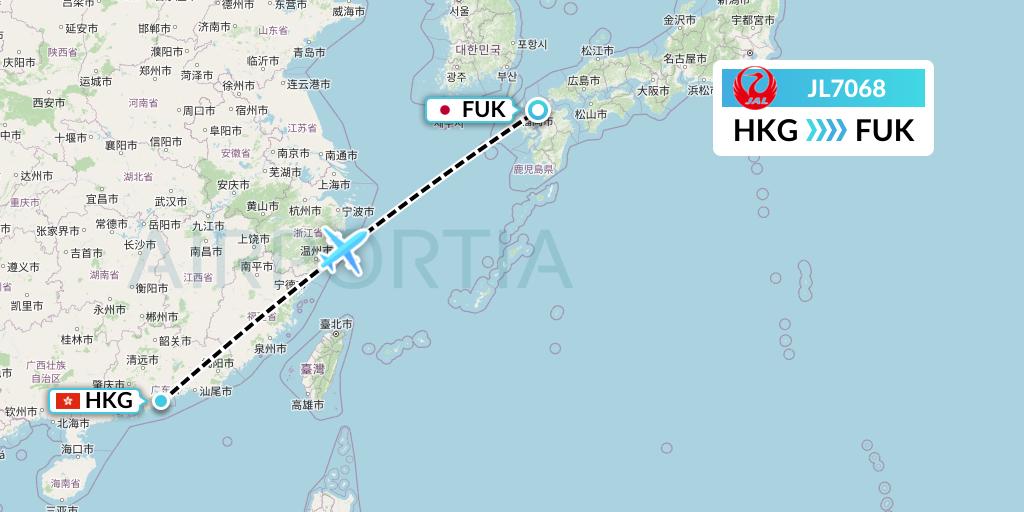 JL7068 Japan Airlines Flight Map: Hong Kong to Fukuoka