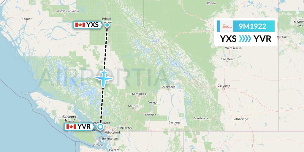 9M1922 Central Mountain Air Flight Map: Prince George to Vancouver