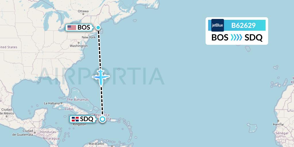 B62629 JetBlue Airways Flight Map: Boston to Santo Domingo