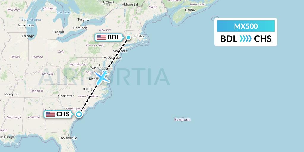 MX500 Breeze Airways Flight Map: Windsor Locks to Charleston