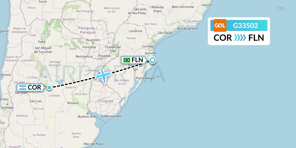 G33502 GOL Transportes Aeros Flight Map: Cordoba to Florianopolis