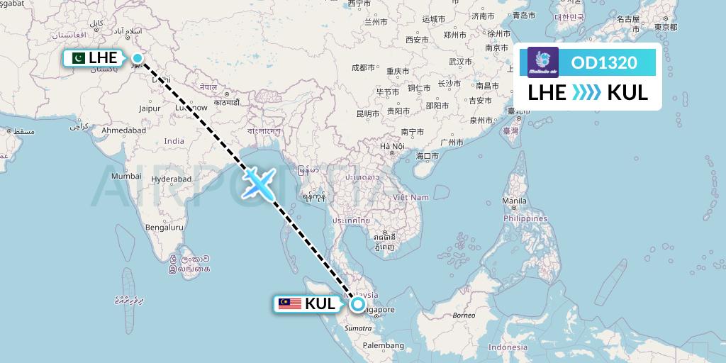 OD1320 Batik Air Malaysia Flight Map: Lahore to Kuala Lumpur