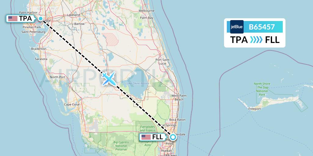 B65457 JetBlue Airways Flight Map: Tampa to Fort Lauderdale