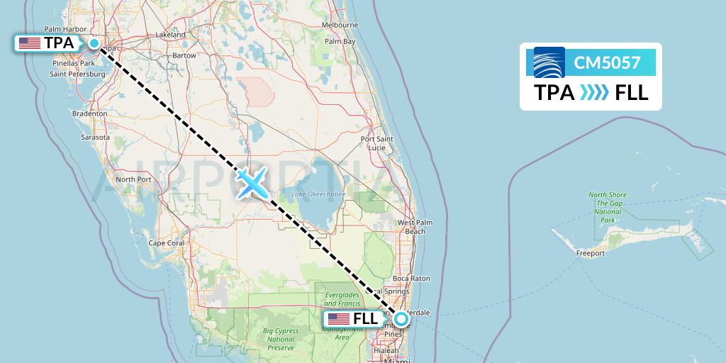 CM5057 Copa Airlines Flight Map: Tampa to Fort Lauderdale