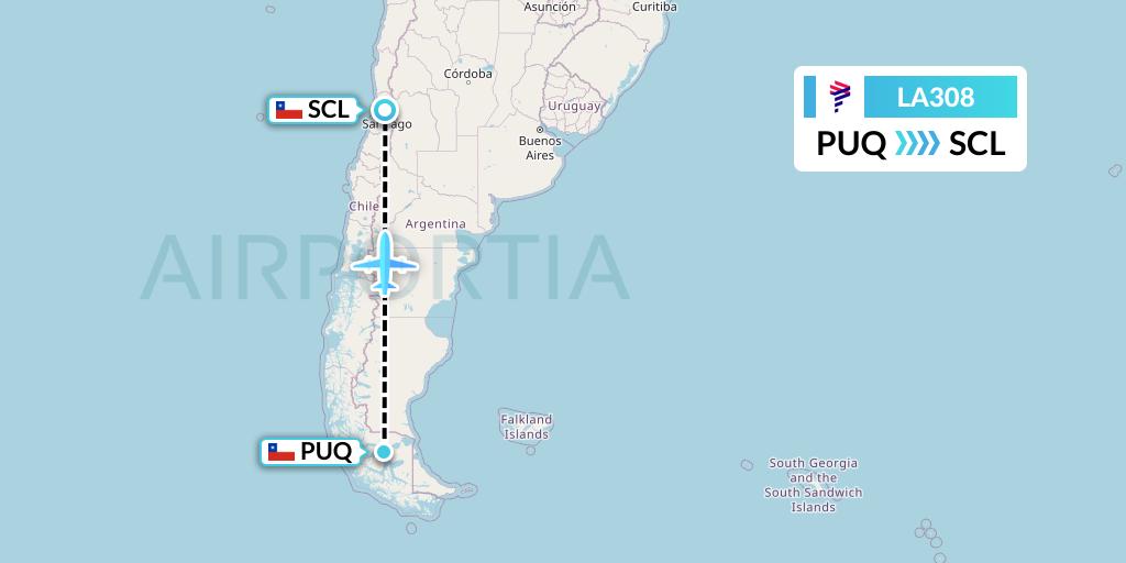 LA308 LAN Airlines Flight Map: Punta Arenas to Santiago