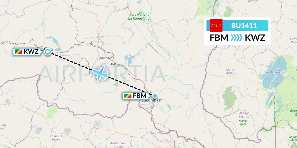 BU1411 flyCAA Flight Map: Lubumbashi to Congo