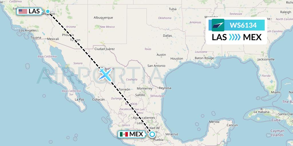 WS6134 WestJet Flight Map: Las Vegas to Mexico City