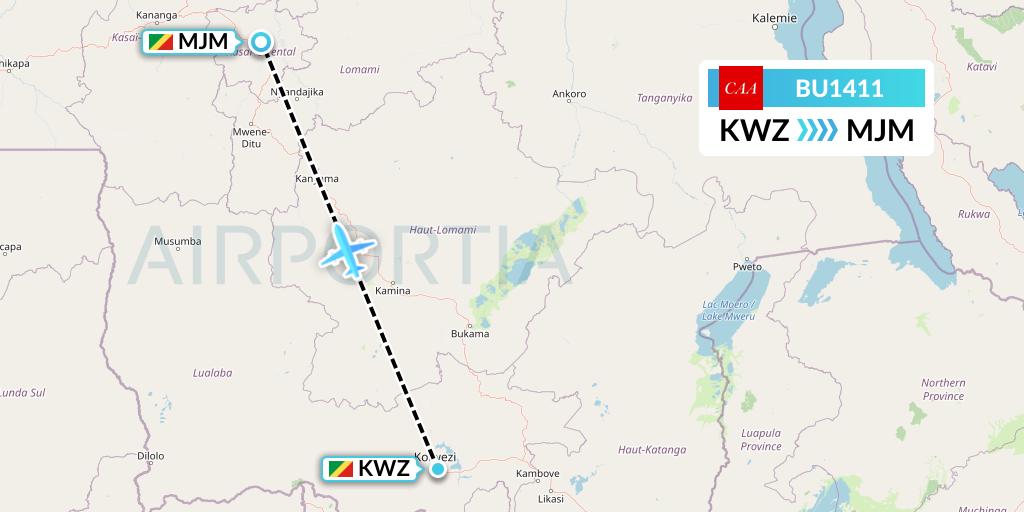 BU1411 flyCAA Flight Map: Congo to Mbuji Mayi