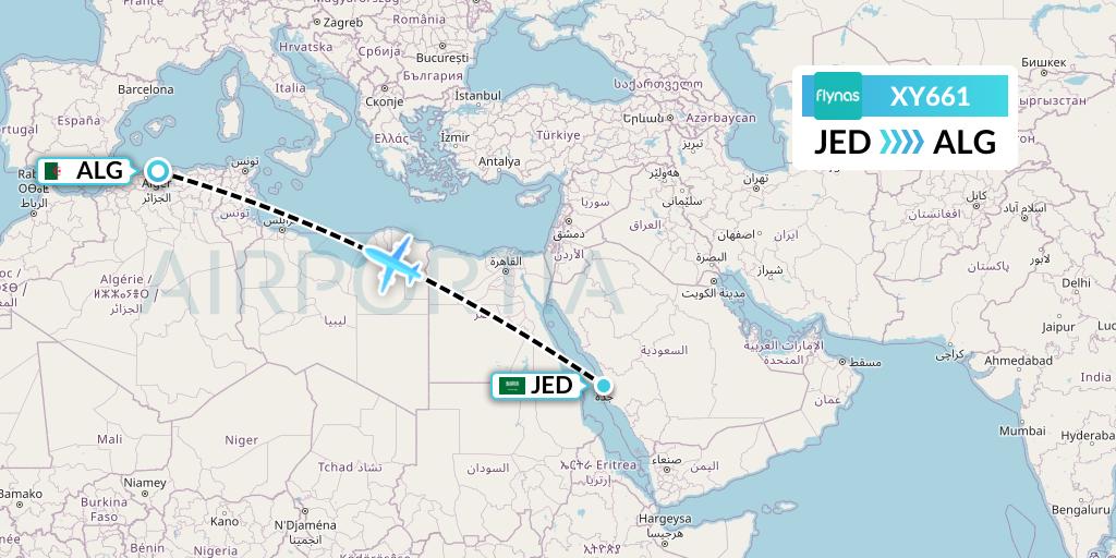 XY661 Flynas Flight Map: Jeddah to Algiers
