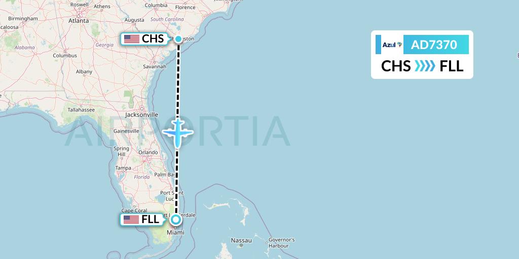 AD7370 Azul Brazilian Airlines Flight Map: Charleston to Fort Lauderdale