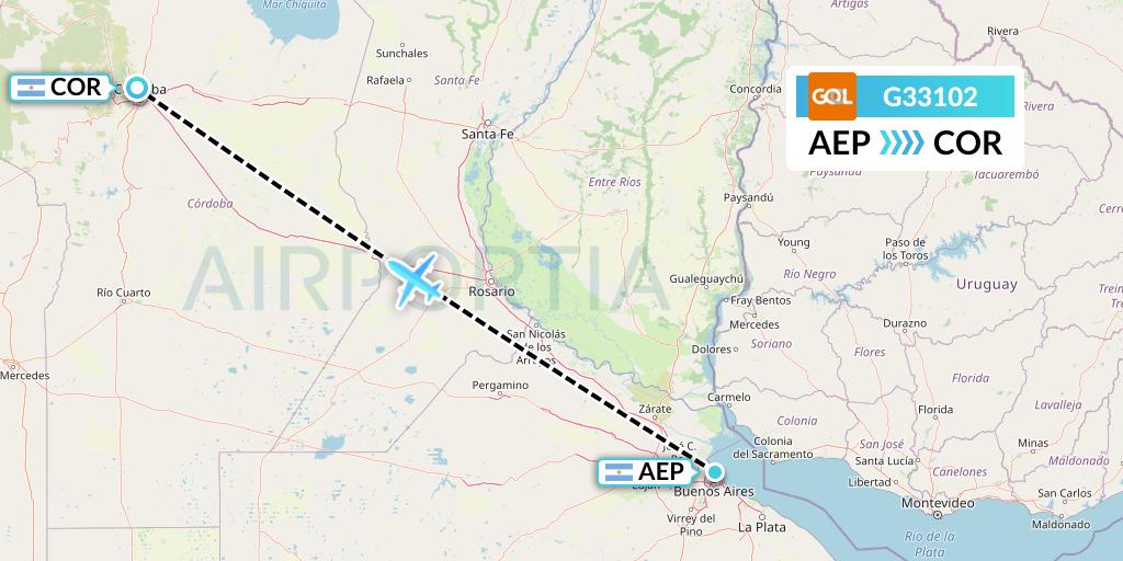 G33102 GOL Transportes Aeros Flight Map: Buenos Aires to Cordoba