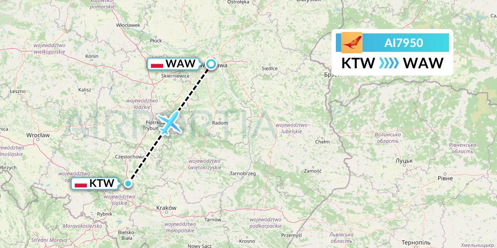 AI7950 Air India Flight Map: Katowice to Warsaw