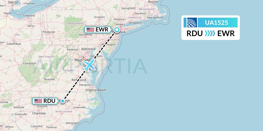 UA1525 United Airlines Flight Map: Raleigh-Durham to New York