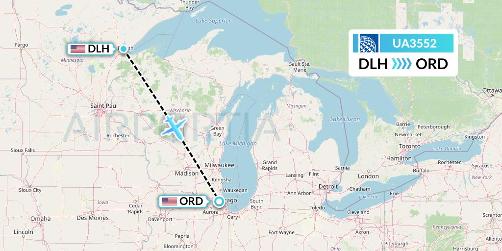 UA3552 United Airlines Flight Map: Duluth to Chicago