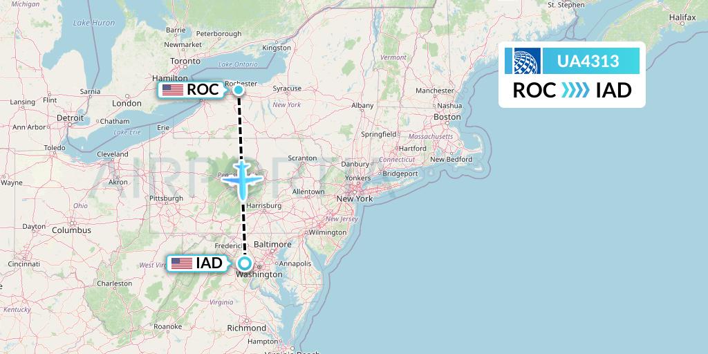 UA4313 United Airlines Flight Map: Rochester to Washington