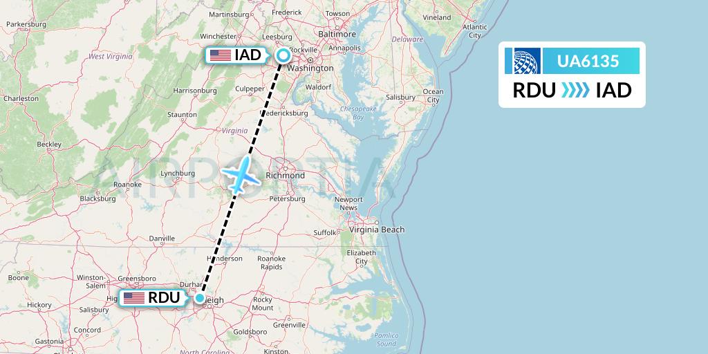 UA6135 United Airlines Flight Map: Raleigh-Durham to Washington