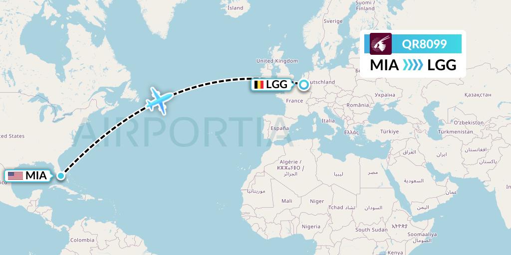 QR8099 Qatar Airways Flight Map: Miami to Liege