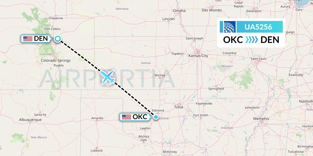 UA5256 United Airlines Flight Map: Oklahoma City to Denver