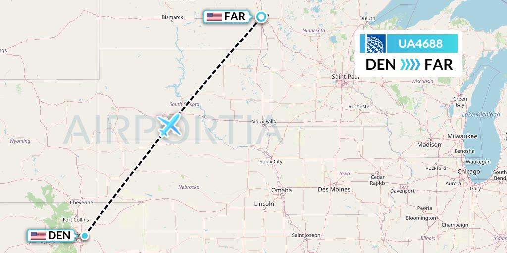 UA4688 United Airlines Flight Map: Denver to Fargo