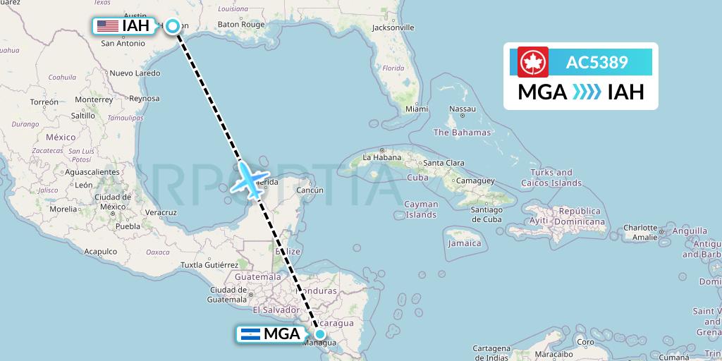 AC5389 Air Canada Flight Map: Managua to Houston