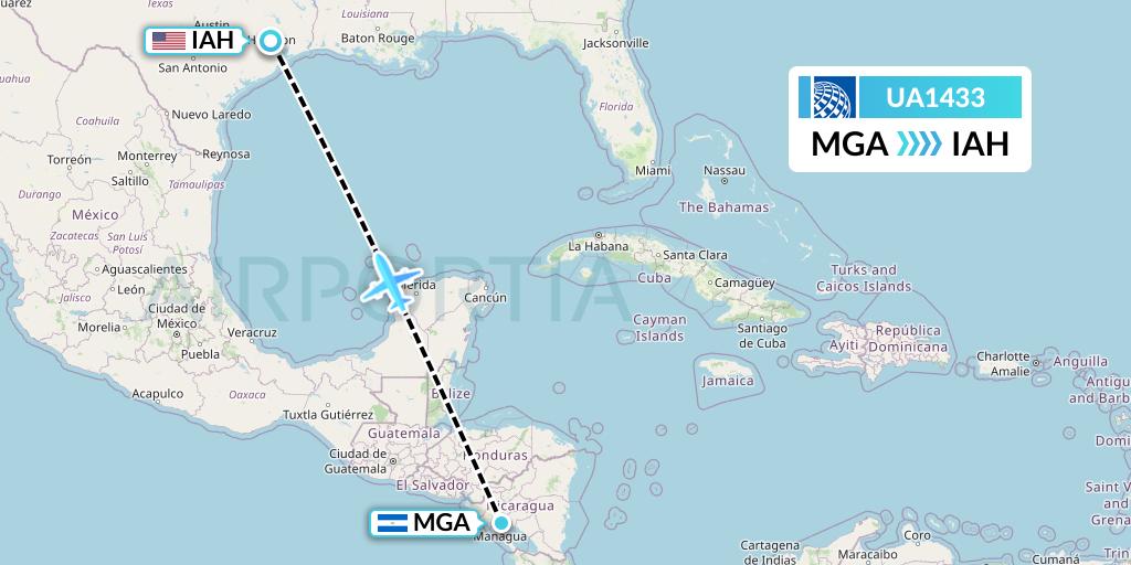 UA1433 United Airlines Flight Map: Managua to Houston