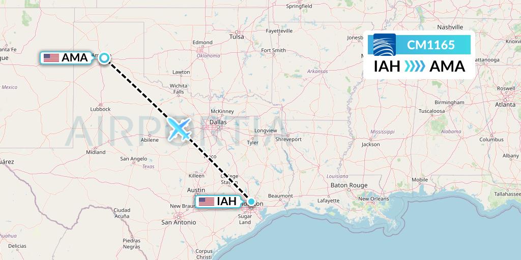 CM1165 Copa Airlines Flight Map: Houston to Amarillo