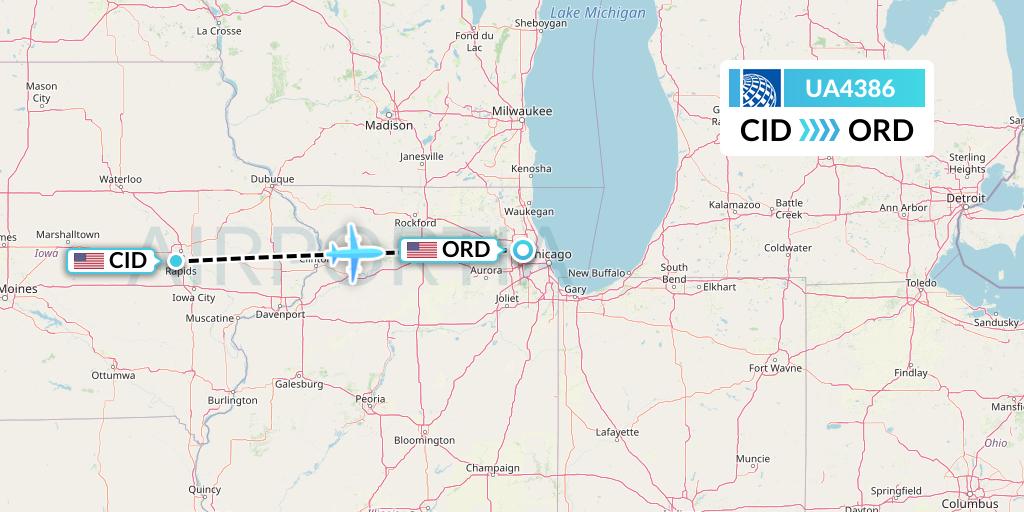 UA4386 United Airlines Flight Map: Cedar Rapids to Chicago