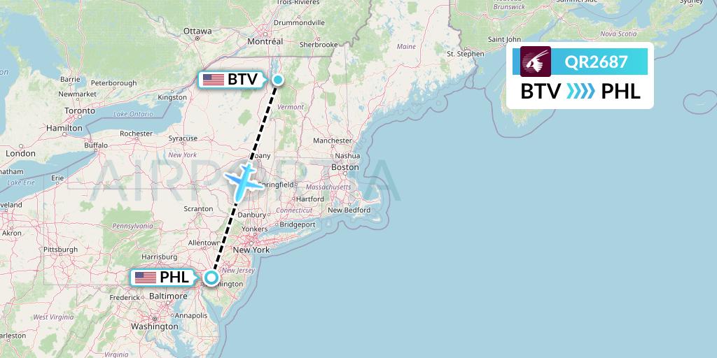 QR2687 Qatar Airways Flight Map: Burlington to Philadelphia