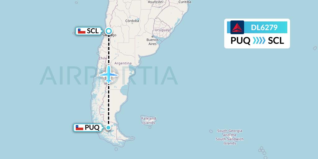 DL6279 Delta Air Lines Flight Map: Punta Arenas to Santiago