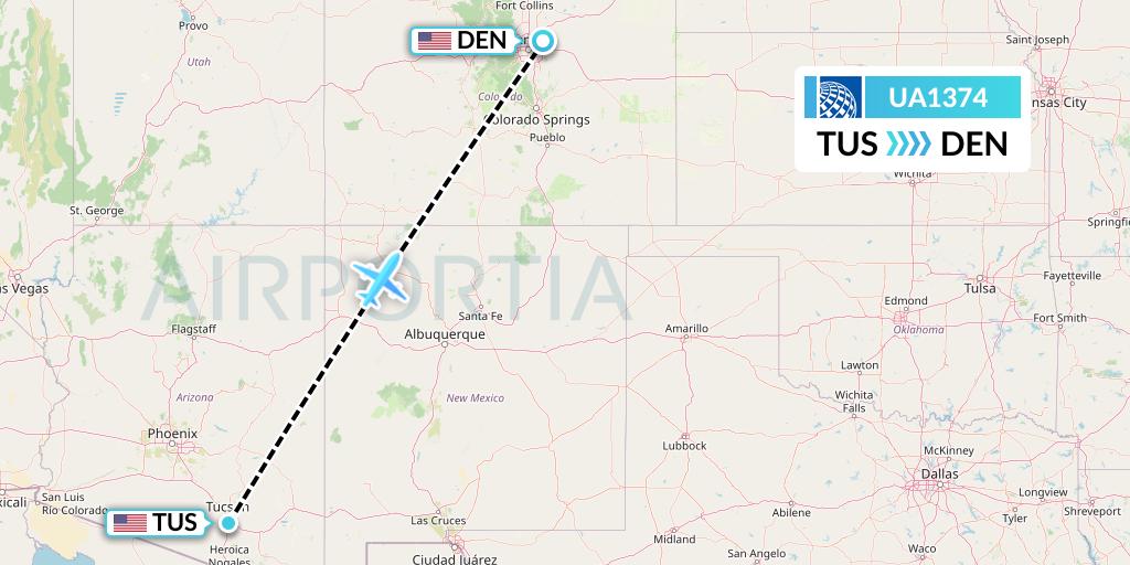 UA1374 United Airlines Flight Map: Tucson to Denver