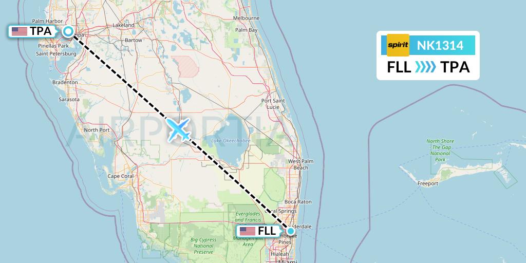 NK1314 Spirit Airlines Flight Map: Fort Lauderdale to Tampa