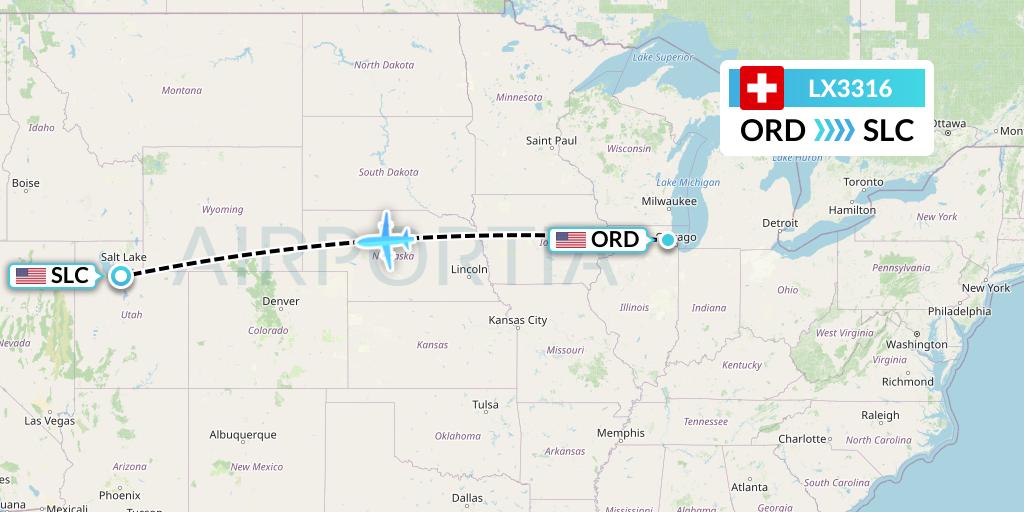 LX3316 Swiss Flight Map: Chicago to Salt Lake City