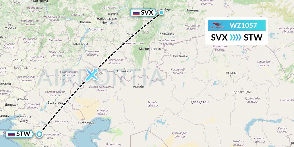WZ1057 Red Wings Flight Map: Yekaterinburg to Stavropol