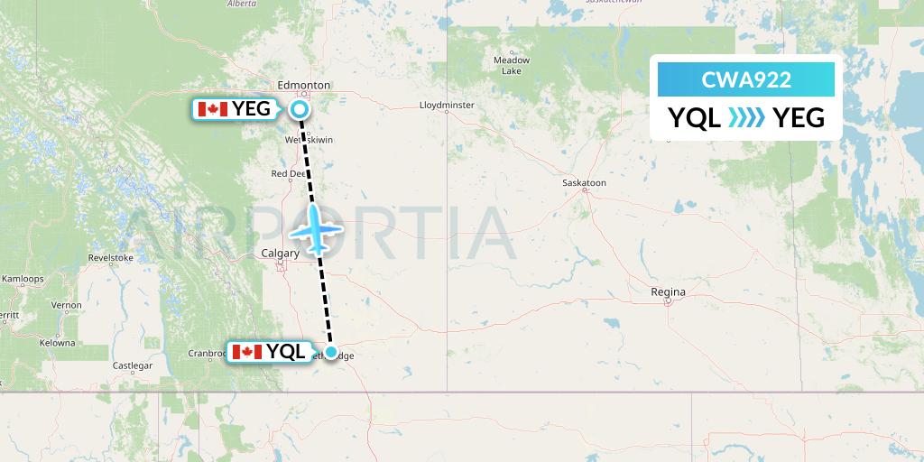 CWA922 Can West Corporate Air Charters Ltd. Flight Map: Lethbridge to Edmonton