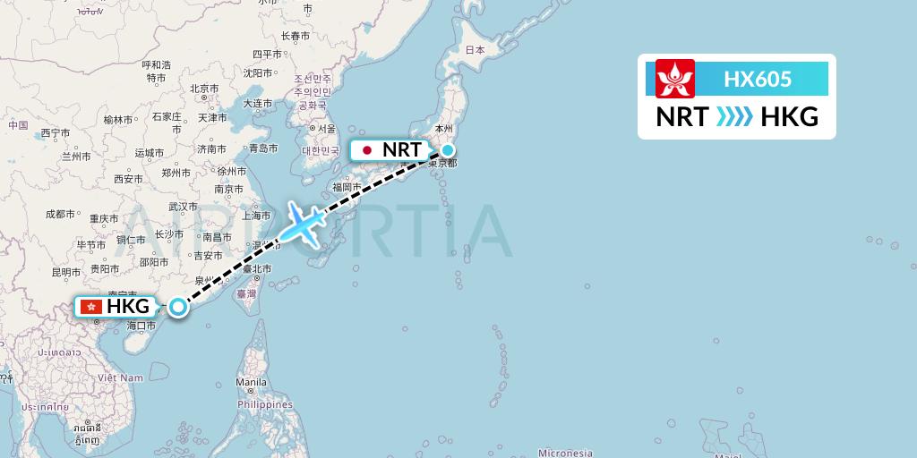 HX605 Hong Kong Airlines Flight Map: Tokyo to Hong Kong