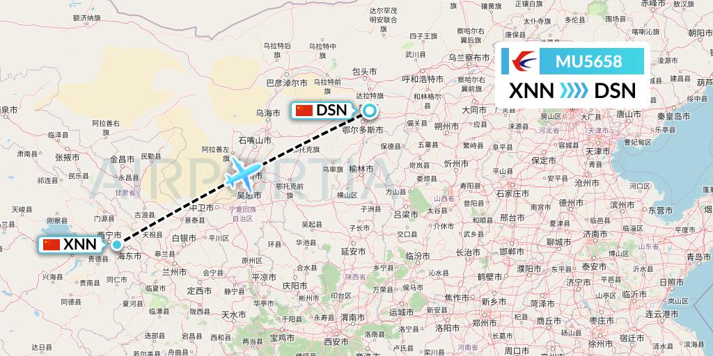 MU5658 China Eastern Airlines Flight Map: Xining to Dongsheng