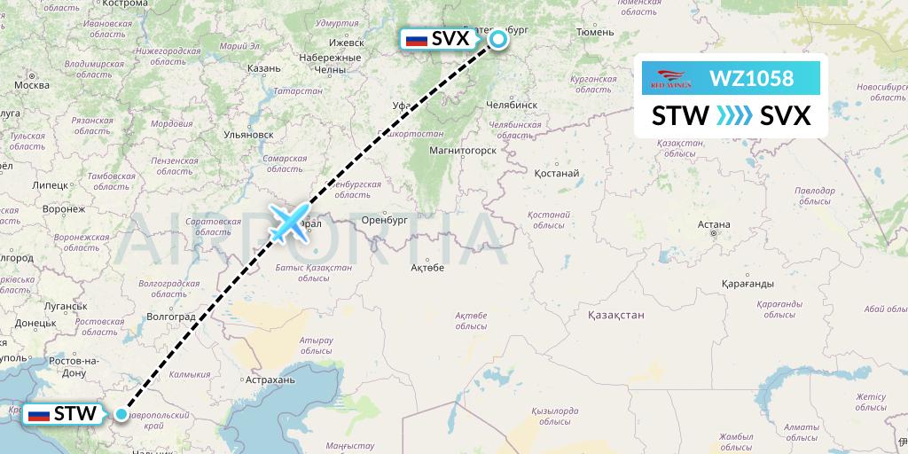 WZ1058 Red Wings Flight Map: Stavropol to Yekaterinburg