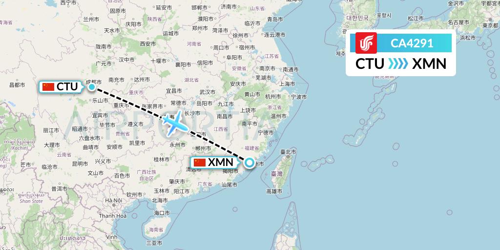 CA4291 Air China Flight Map: Chengdu to Xiamen