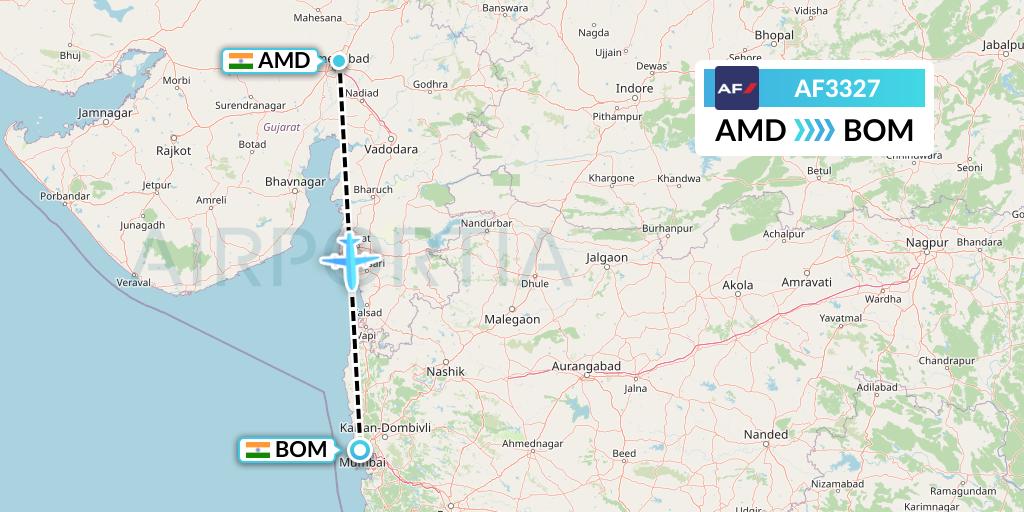 AF3327 Air France Flight Map: Ahmedabad to Mumbai