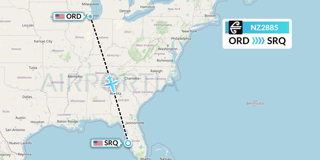 NZ2885 Air New Zealand Flight Map: Chicago to Sarasota