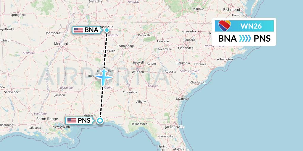 WN26 Southwest Airlines Flight Map: Nashville to Pensacola