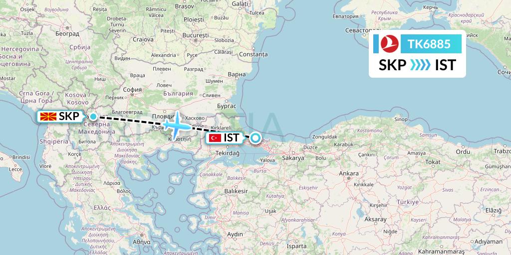 TK6885 Turkish Airlines Flight Map: Skopje to Istanbul