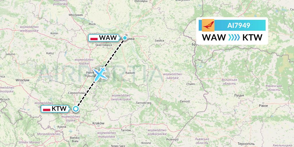 AI7949 Air India Flight Map: Warsaw to Katowice