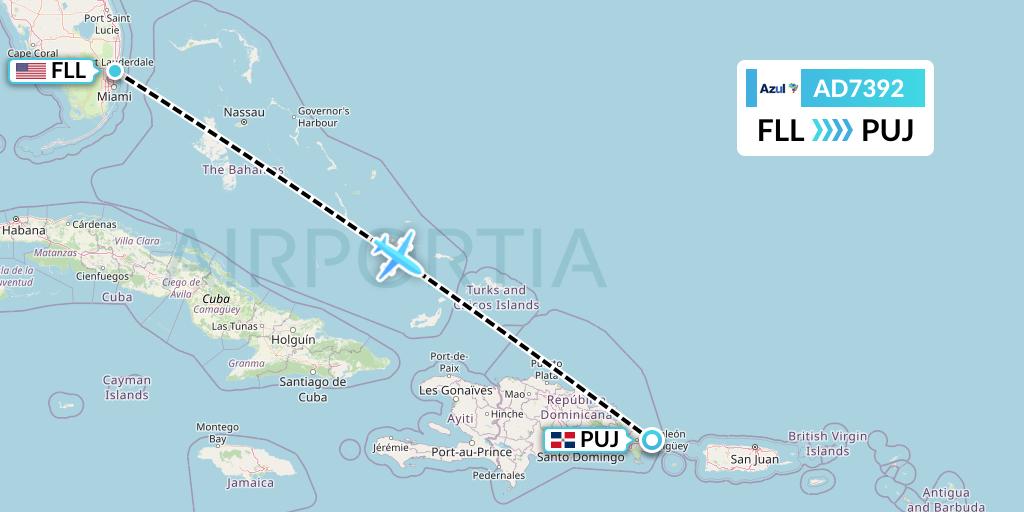 AD7392 Azul Brazilian Airlines Flight Map: Fort Lauderdale to Punta Cana