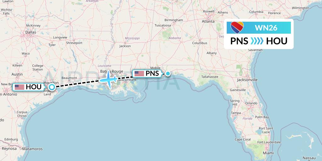 WN26 Southwest Airlines Flight Map: Pensacola to Houston