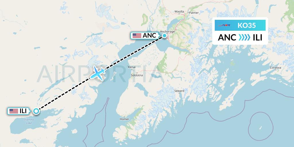 KO35 Komiaviatrans Flight Map: Anchorage to Iliamna