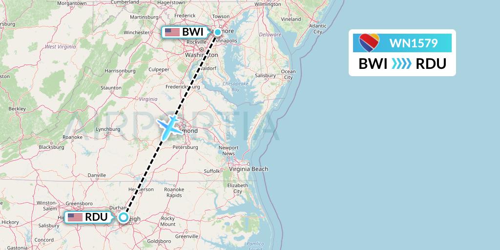 WN1579 Southwest Airlines Flight Map: Baltimore to Raleigh-Durham