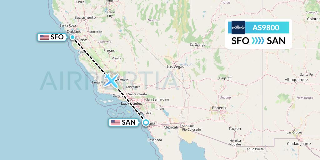 AS9800 Alaska Airlines Flight Map: San Francisco to San Diego
